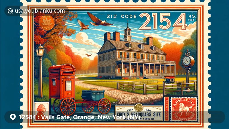 Modern illustration of Knox's Headquarters State Historic Site in Vails Gate, Orange County, New York, displaying autumn scene with postal theme including vintage postage frame, red mailbox, antique mail carriage, and ZIP code 12584.