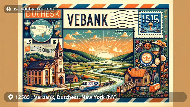Modern illustration of Verbank, Dutchess County, New York, featuring rural charm and historical symbols, highlighting postal theme with ZIP code 12585 and Dutchess County landmarks like Sprout Creek and Clove Mountain.