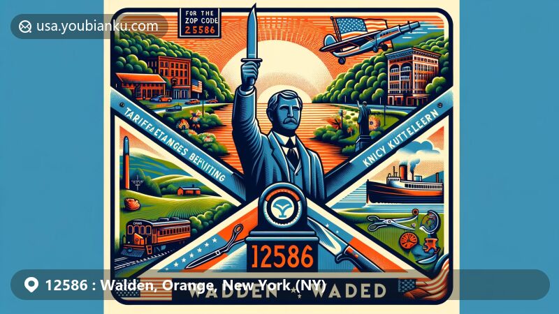 Vibrant illustration of Walden, Orange County, NY, showcasing cultural and geographical elements with McKinley Statue, Knifetown references, Wallkill River, and scenic beauty, highlighting ZIP code 12586.
