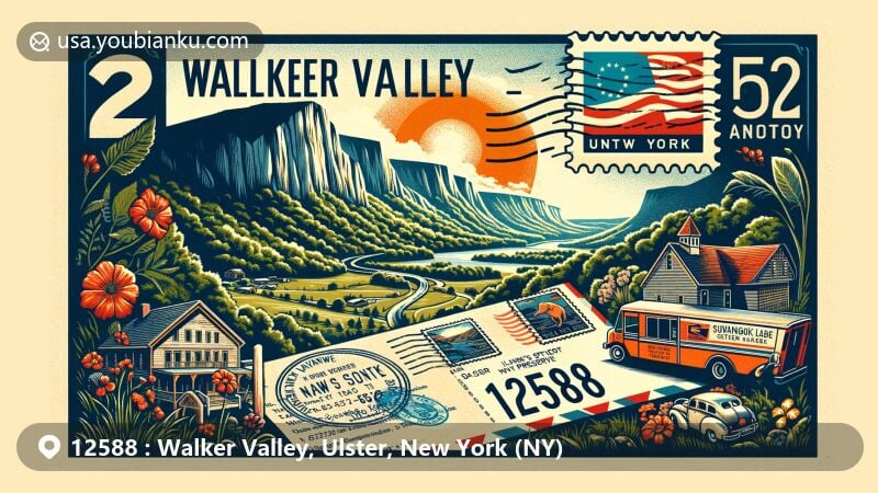 Modern illustration of Walkill Valley, Ulster County, NY with ZIP code 12588, featuring Shawangunk Ridge.