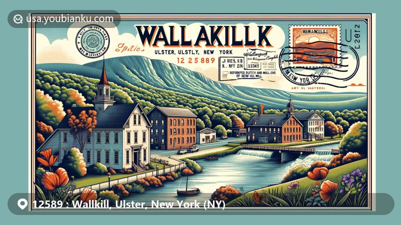 Modern illustration of Wallkill, Ulster County, New York, depicting postal theme with ZIP code 12589, showcasing Shawangunk Mountains, Wallkill River, historic landmarks, and vintage postage stamp with postal mark.