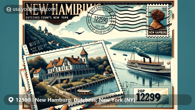 Modern illustration of New Hamburg, Dutchess County, New York, depicting historical and postal theme with Hudson River, Mary Powell steamboat, and Carnwath Manor, featuring vintage postcard layout and ZIP code 12590.