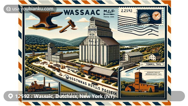 Modern illustration of Wassaic, Dutchess County, New York, showcasing postal theme with ZIP code 12592, featuring Wassaic Project's Maxon Mills and Tenmile Distillery, historical steel production elements, and lush Appalachian Trail landscapes.