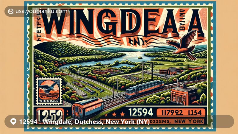 Modern illustration of Wingdale, Dutchess County, New York, blending regional and postal elements, featuring Boyce Park's scenic trails and stunning hilltop views, alongside Harlem Valley-Wingdale station, set against lush Dutchess County landscapes with the meandering Swamp River. Includes stylized envelope, vintage stamp, and postal mark with ZIP code 12594.