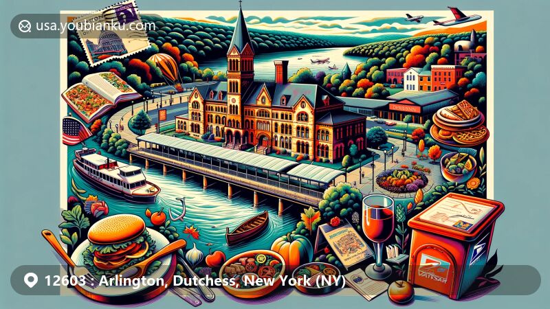 Modern illustration of Arlington, Dutchess County, New York, featuring Hudson River, Walkway Over the Hudson, Samuel F.B. Morse Historic Site villa, Vassar College main building, diverse world cuisines, postal elements with ZIP code 12603, and Dutchess County's scenic beauty.