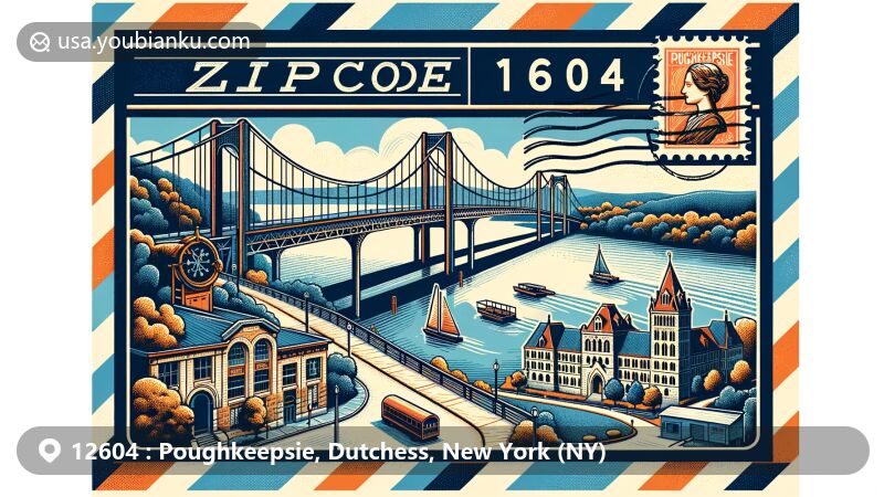 Creative illustration of Poughkeepsie, Dutchess, New York, with airmail envelope theme blending postal elements, Walkway Over the Hudson, Vassar College, and Hudson River waterfront.