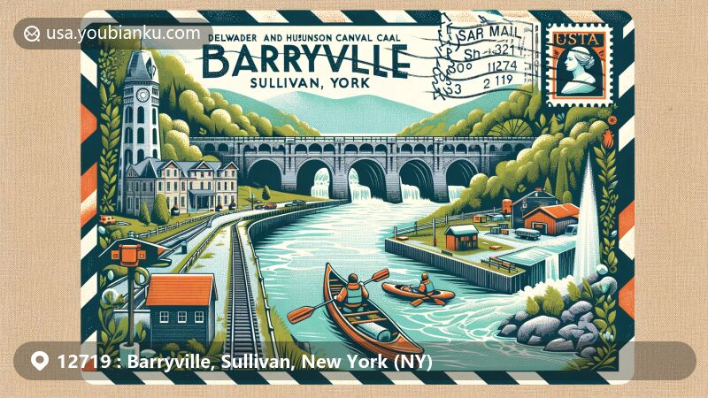 Modern illustration of Barryville, Sullivan County, New York, featuring postal theme with ZIP code 12719, showcasing Delaware and Hudson Canal locks, Roebling Aqueduct, and scenic beauty of Delaware River and surrounding forests.