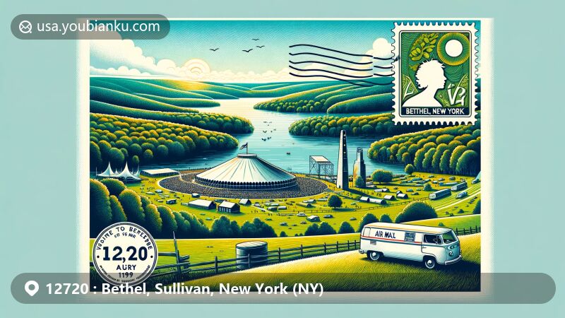 Modern illustration of Bethel area in Sullivan County, New York, showcasing natural beauty with rolling hills, dense forests, and tranquil lakes, surrounded by postal motifs like stamp, air mail envelope, and postal mark, featuring Bethel Woods Center for the Arts and ZIP Code 12720.