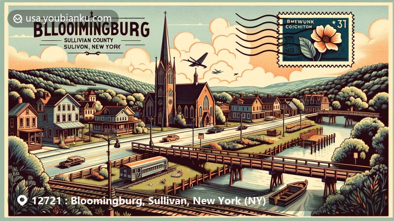 Modern illustration of Bloomingburg, Sullivan County, New York, showcasing the village scene with Bloomingburg Reformed Protestant Dutch Church, postal elements, and natural beauty of Shawangunk Ridge and Shawangunk Kill river.