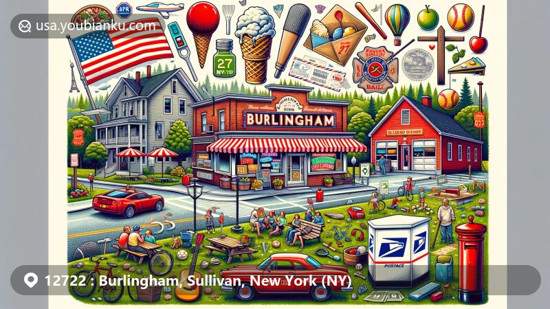 Modern illustration of Burlingham, Sullivan County, New York, capturing the charm of rural community with ice cream parlor, diner, farmer's market, hardware store, and outdoor activities like biking, fishing, hiking, kayaking, and pickleball. Includes symbols of community involvement and postal elements.