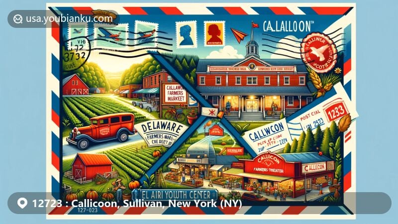 Modern illustration of Callicoon, Sullivan County, New York, depicting Delaware Youth Center, Callicoon Farmers Market, and Callicoon Theater with postal theme including ZIP code 12723.