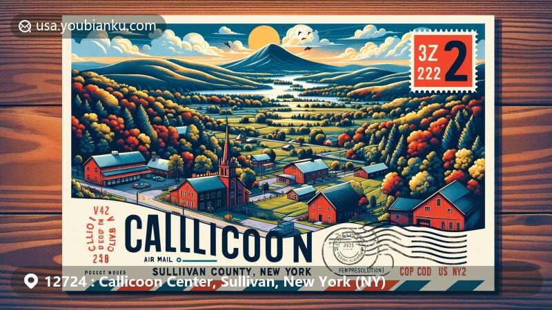 Modern illustration of Callicoon Center, Sullivan County, New York, showcasing rural charm, postal theme with ZIP code 12724, and serene landscapes in a creative postcard or air mail envelope design.