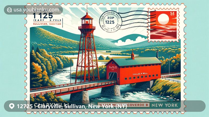 Modern illustration of Claryville, Sullivan County, New York, capturing the essence of ZIP code 12725 with landmarks like Red Hill Fire Tower and Halls Mills Covered Bridge, set against the backdrop of Catskill Mountains and Neversink River, infused with postal theme.