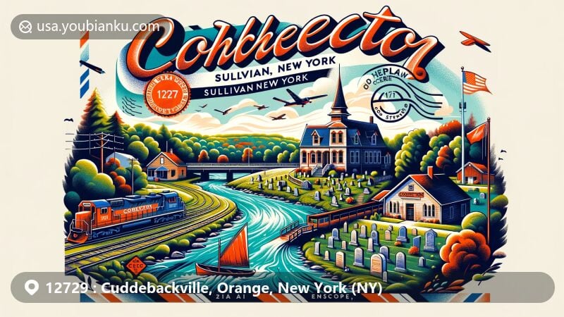 Modern illustration of Cuddebackville, Orange County, New York (NY), capturing the essence of Neversink Valley Museum of History & Innovation and D&H Canal Park, intertwining natural beauty and historical landmarks, incorporating vintage postal elements.