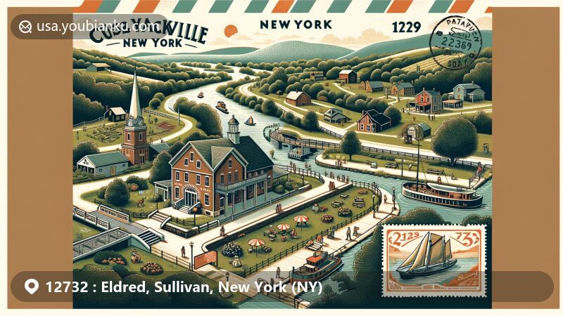 Modern illustration of Eldred, Sullivan County, New York, showcasing postal theme with ZIP code 12732, featuring Catskill Mountains, Battle of Minisink, Erie Railroad, Woodstock Festival, and New York state flag.