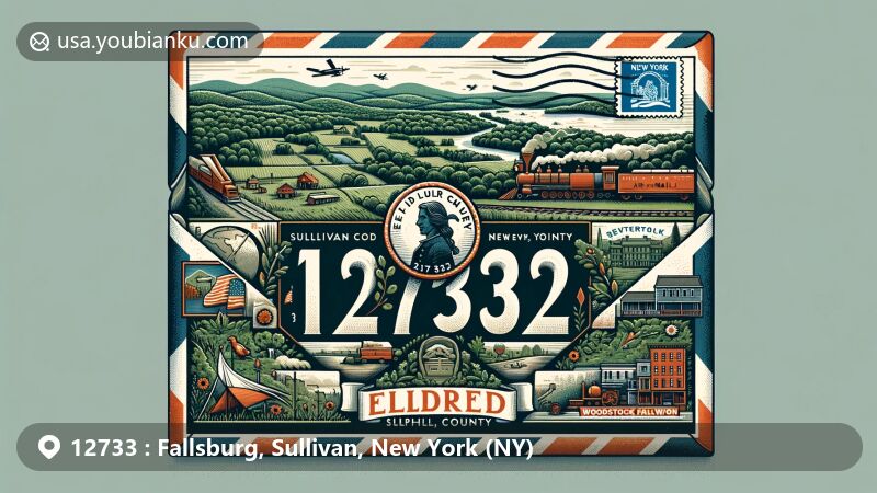 Vintage illustration of Fallsburg, Sullivan County, New York, featuring iconic landmarks Loch Sheldrake and Neversink River, showcasing rural landscape and agricultural history, highlighted by stylish postal elements including ZIP code 12733 and Fallsburg, NY, with cultural symbols.