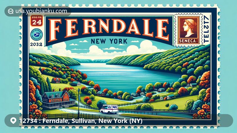 Modern illustration of Ferndale, New York, highlighting the scenic Finger Lakes Region with a focus on the majestic Seneca Lake, featuring a vintage postcard layout with the prominent ZIP code 12734. The artwork depicts Seneca Lake surrounded by lush greenery and rolling hills, creating an inviting and detailed visual effect, perfect for showcasing on a website exploring the unique features of different US postal codes. It cleverly integrates a small depiction of a post office or postal vehicle, along with a stamp showcasing the natural beauty of Ferndale.