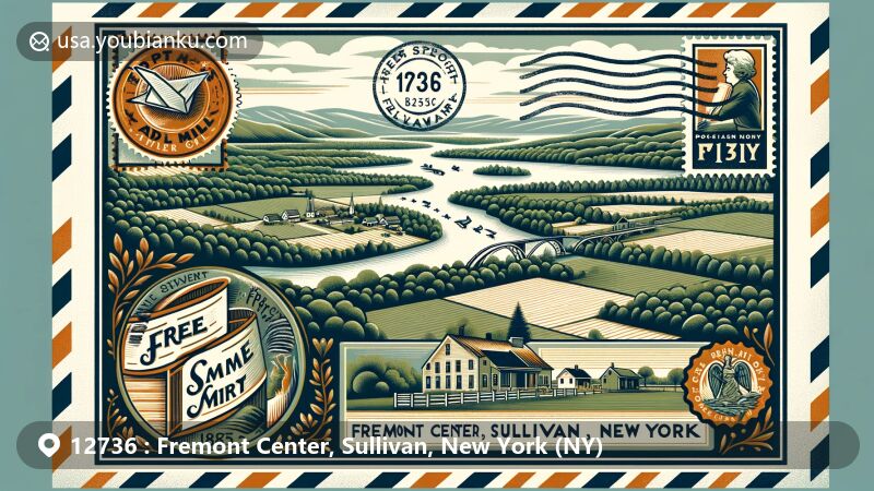 Modern illustration of Fremont Center, Sullivan, New York (NY), with lush forests, open fields, and the Delaware River, featuring a vintage air mail envelope highlighting ZIP code 12736, incorporating historical symbols and the slogan 'Free Soil, Free Speech, Free Men, FRE-MONT!'
