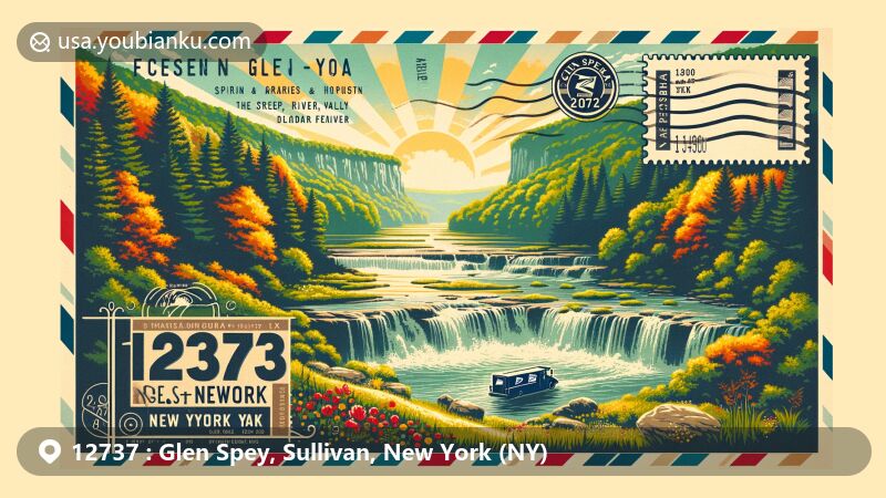 Modern illustration of Glen Spey, Sullivan, New York (NY), depicting natural beauty and postal theme with ZIP code 12737, featuring ravines, waterfalls, hemlock forests, vintage postcard, New York State flag, postal elements, and local scenery.