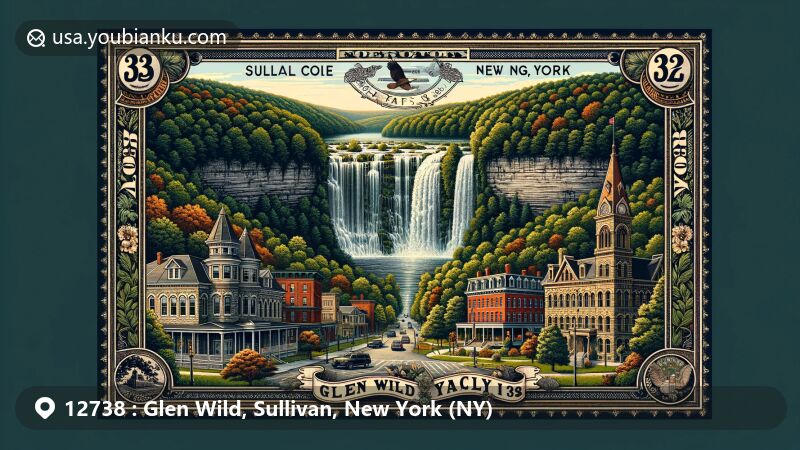 Modern illustration of Glen Wild Falls, Sullivan County, New York, portraying the natural beauty of the three-tiered waterfall on Fowlwood Brook, surrounded by architectural landmarks from the area's history.