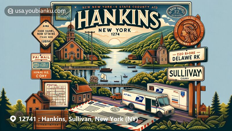 Modern illustration of Hankins, Sullivan County, New York (NY), capturing the essence of rural charm and natural beauty with a postal theme, featuring Delaware River, New York State Route 97, and a historical marker of John Hankins' legacy.