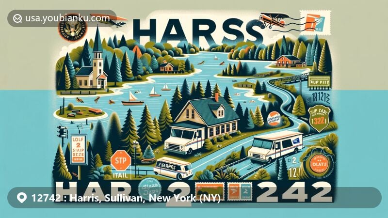 Modern illustration of Harris, Sullivan County, New York, featuring natural beauty and postal elements, showcasing lush forests, lakes, outdoor activities, vintage air mail envelopes, stamps, postal truck, and ZIP code 12742.