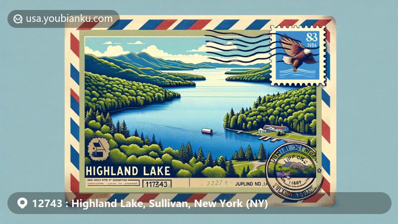 Modern illustration of Highland Lake, Sullivan County, New York, featuring scenic beauty encapsulated in an air mail envelope with New York state flag postage stamp and postal theme.