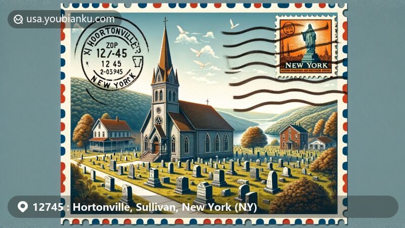 Illustration of Hortonville, New York, showcasing historic German Presbyterian Church and Hortonville Cemetery in 19th-century revival architecture, with postal elements like vintage stamps and ZIP code 12745.