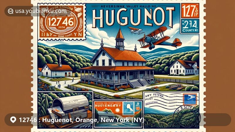 Modern illustration of Huguenot, Orange County, New York, depicting Neversink Valley Grange Hall No. 1530 as a focal point, surrounded by Huguenot immigrant legacy and Orange County landscapes, featuring postal motifs with '12746' vintage postage stamp, air mail envelope, and postal marks.