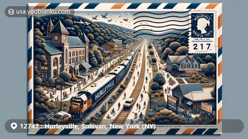 Modern illustration of Hurleyville, New York, featuring a stylized airmail envelope scene with ZIP code 12747, showcasing Milk Train Rail Trail, Hurleyville Performing Arts Centre, Hurleyville General Store, New York state flag, vintage stamps and postmarks, symbolizing community spirit and local heritage.