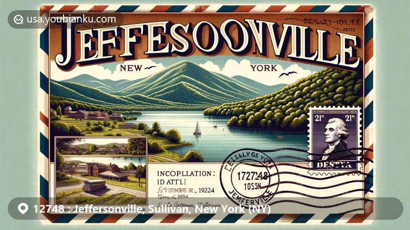 Modern illustration of Jeffersonville, NY, featuring Catskill Mountains, Lake Jefferson, and Upper Delaware River, with vintage postal theme including ZIP code 12748, village incorporation date, and Thomas Jefferson legacy.