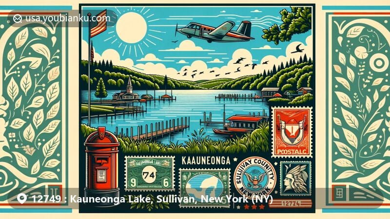 Modern illustration of Kauneonga Lake, Sullivan County, New York, featuring tranquil lake, greenery, New York state symbols, postal theme with ZIP code 12749, Bethel Woods Center for the Arts, and sunny sky with fluffy clouds.