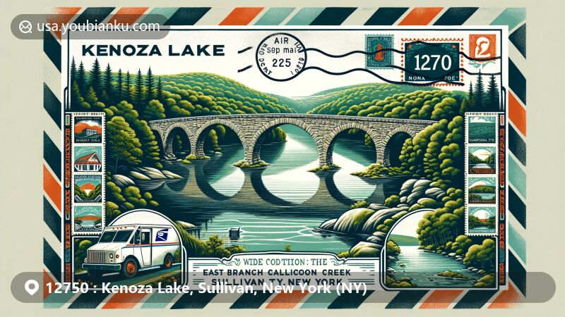 现代插图呈现纽约州沙利文县Kenoza Lake地区，标志性的Stone Arch Bridge跨越East Branch Callicoon Creek，配以多样动植物及户外活动元素，背景融合湖泊和森林景观，展示了邮政主题的创意插画。