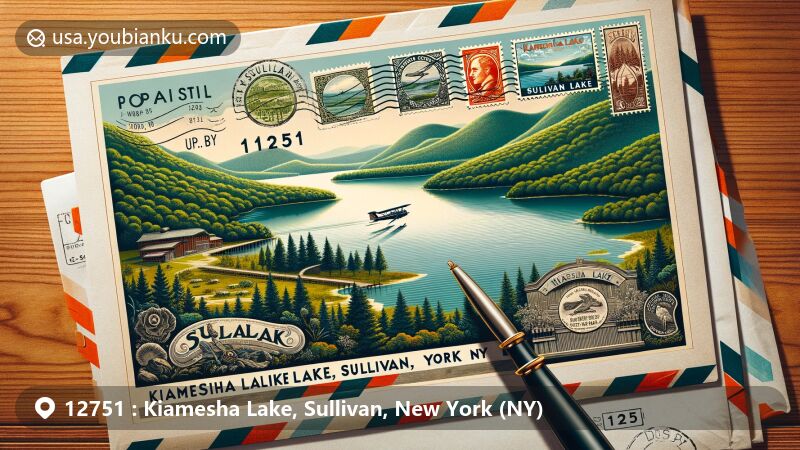 Modern illustration of Kiamesha Lake, Sullivan, New York, featuring postal theme with ZIP code 12751, vintage airmail envelope, and state symbols.
