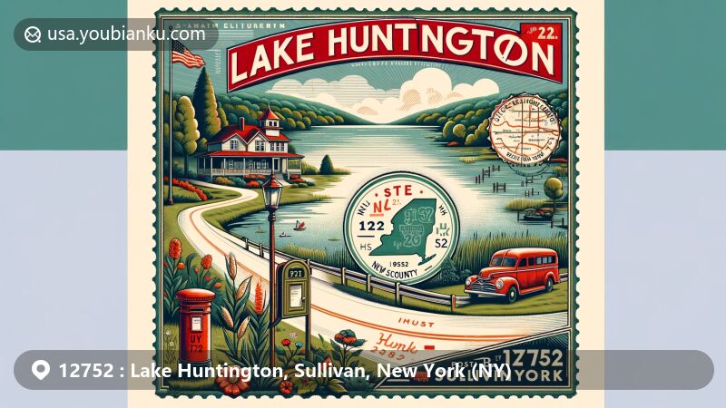 Modern illustration of Lake Huntington, Sullivan County, New York, showcasing postal theme with ZIP code 12752, featuring vibrant rural landscape and iconic postal elements.