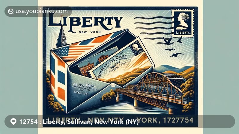 Modern illustration of Liberty, New York, showcasing vintage airmail envelope with ZIP code 12754, featuring postcard of Liberty Downtown Historic District and stamp of Beaverkill Covered Bridge.