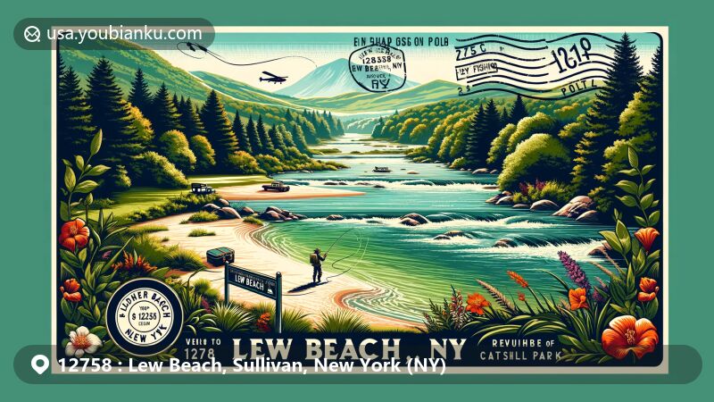Creative illustration of Lew Beach, Sullivan County, New York, featuring scenic confluence of Shin Creek and Beaver Kill, embodying fly fishing culture and Catskill Park surroundings, with vintage postcard and postal design elements.