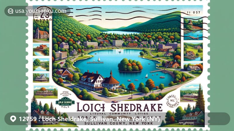 Wide-format illustration of Loch Sheldrake, Sullivan County, New York, showcasing Sheldrake Pond, Catskills Borscht Belt era, Loch Sheldrake Synagogue, Sullivan County Community College, Lochmor Golf Course, postal elements, pier, and picnic tables.