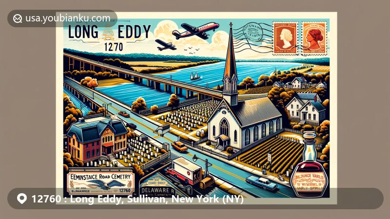 Modern illustration of Long Eddy, Sullivan County, New York, depicting geographical features like the Delaware River and NY State Route 97, showcasing Riverside Cemetery with Queen Anne chapel and local wineries, combined with postal theme including vintage postcard layout and unique postal imagery.