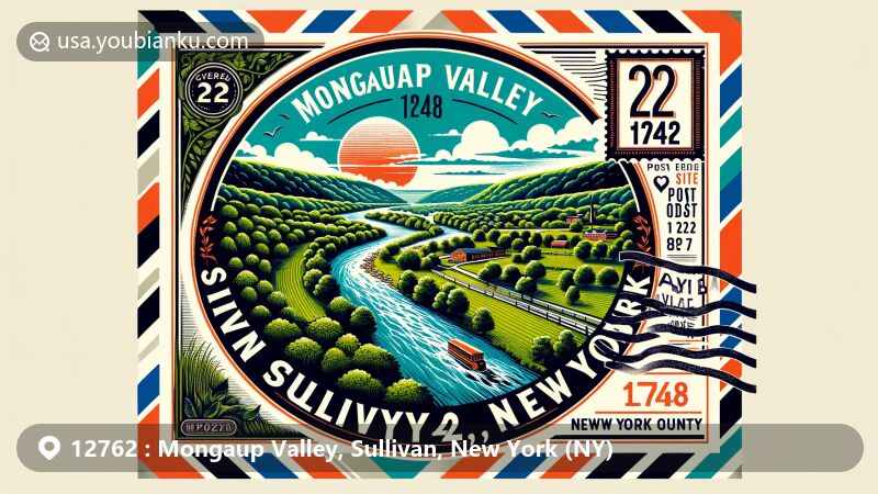 Modern illustration of Mongaup Valley, Sullivan County, New York, capturing the essence of the lush landscape with the meandering Mongaup River, featuring iconic elements of Sullivan County and New York state, designed in a postcard style with vintage postal motifs and showcasing ZIP code 12762.