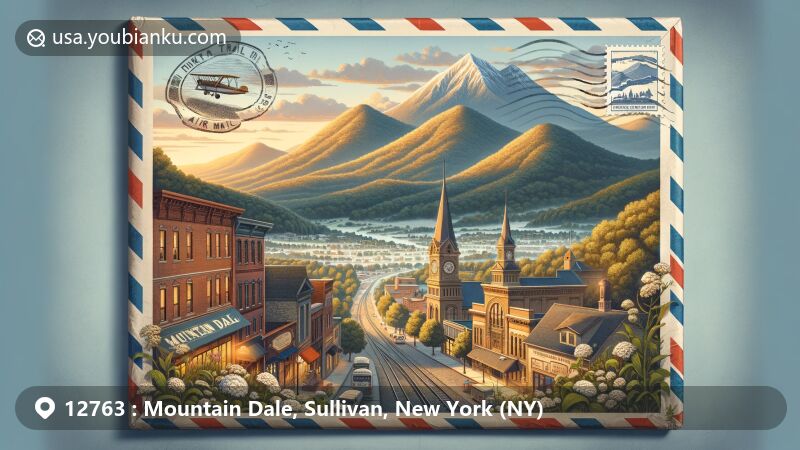 Modern illustration of Mountain Dale, New York, featuring vintage airmail envelope showcasing Fallsburg O&W Rail Trail, Catskills Mountains, local community life, and New York State symbols.