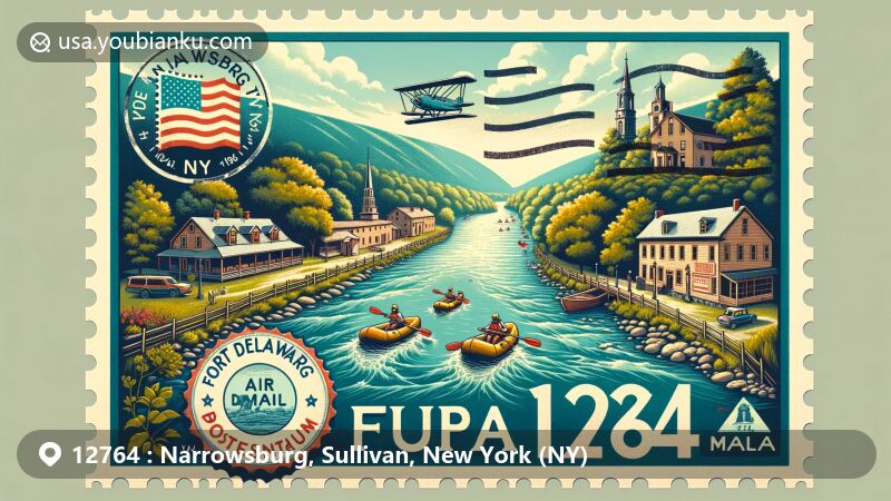 Modern illustration of Narrowsburg, New York, featuring scenic Delaware River, Fort Delaware Museum, Catskill and Pocono Mountains, and postal elements with ZIP code 12764.