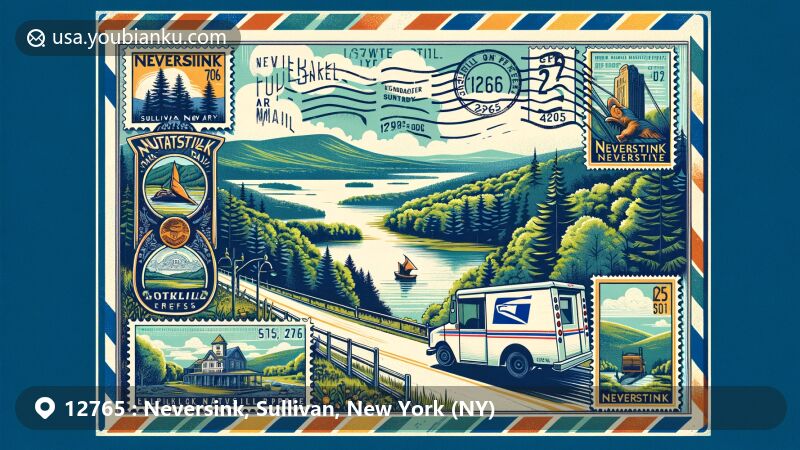 Modern illustration of Neversink area, Sullivan County, New York, showcasing Catskill Park's natural beauty, Hemlock Neversink campus, and Neversink Reservoir, with postal theme including vintage air mail envelope with ZIP Code 12765 and postal truck.