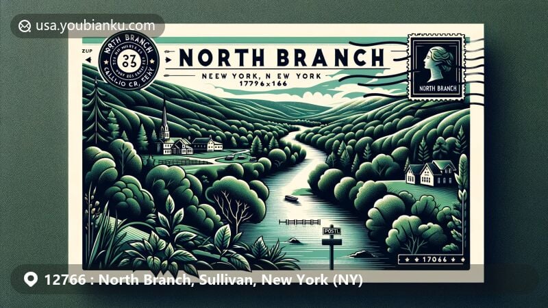 现代插图展示了纽约州North Branch地区的明信片设计，突出显示邮政编码12766，展现了North Branch的自然美景和Callicoon Creek的北支流，同时包括了邮政元素和“North Branch, NY”的字样。设计现代而引人注目，非常适合放置于网页上，色彩生动。