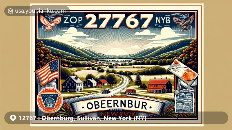 Modern illustration of Obernburg, Sullivan County, NY, showcasing postal theme with ZIP code 12767, featuring Hudson Valley scenery, rural landscapes, and vintage postal elements like postcards, envelopes, stamps, and postmarks.