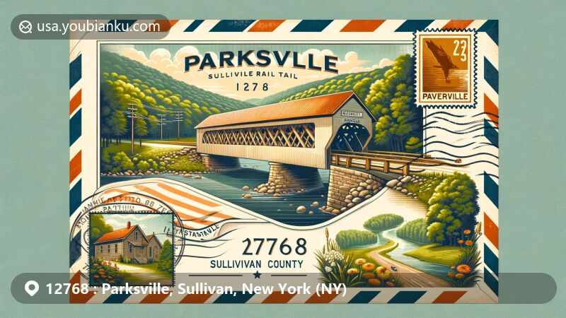 Modern illustration of Parksville, Sullivan County, New York, featuring Beaverkill Covered Bridge, Parksville Rail Trail, and rural charm, designed in an airmail envelope with postal theme highlighting ZIP code 12768.