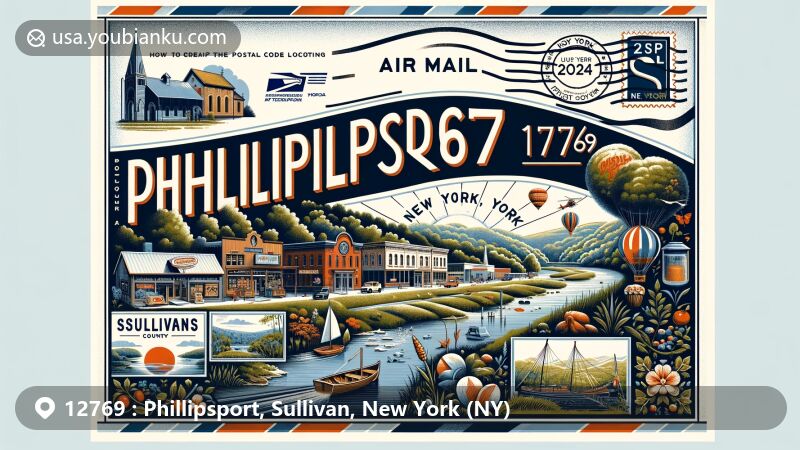 Modern illustration of Phillipsport, Sullivan County, New York, featuring vintage-style air mail envelope design with ZIP code 12769 and elements representing outdoor recreation areas, fishing spots, and local farmers' market.