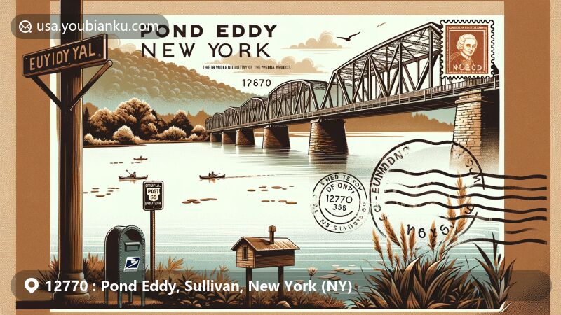 Modern illustration of Pond Eddy, Sullivan, New York, featuring Pond Eddy Bridge crossing Delaware River, connecting New York and Pennsylvania, blending nature and engineering. Background includes Delaware River, emphasizing natural beauty. Foreground integrates postal elements in vintage postcard format: a stamp with '12770' ZIP code, stylized postmark, and antique mailbox. Nostalgic design celebrates Pond Eddy's picturesque scenery and heritage, with subtle incorporation of New York state symbols. Contemporary web-friendly style with creative composition, showcasing lush green, blue, and earth tones.