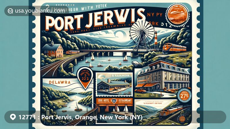 Modern illustration postcard of Port Jervis, New York, showcasing Delaware River, Erie Railroad Roundhouse Turntable, Erie Hotel & Restaurant, outdoor activities, and ZIP code 12771.