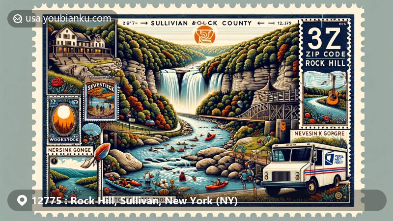 Modern illustration of Rock Hill, New York, ZIP code 12775, showcasing postal theme with Neversink Gorge Trails, Denton and Mullet Brook waterfalls, outdoor activities, and homage to 1969 Woodstock Festival at Bethel Woods.